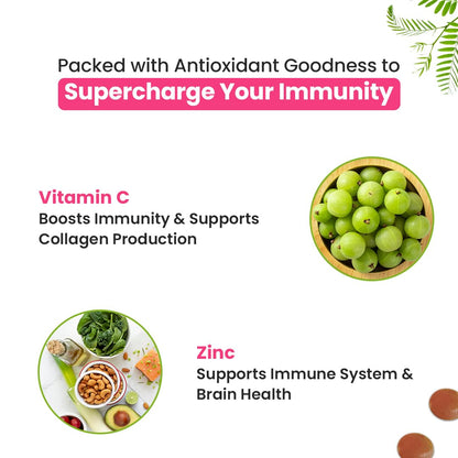 Promotional graphic about the benefits of vitamin C and zinc for immunity and health, featuring green grapes and a bowl of nuts.