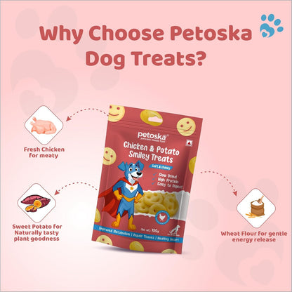 Petoska Chicken & Potato Smiley Treats- 100gms | Healthy Dog Snacks | Fresh Chicken & Potato | Supports Digestion & Energy | Ideal for Training