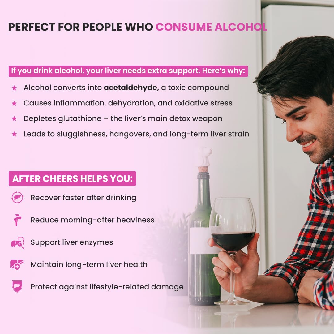 Man holding a glass of red wine with text about alcohol consumption and liver health.