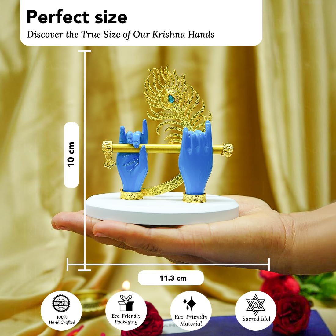 Ekhasa Lord Krishna Hands with Flute Idol (Small Size) | Krishna Flute Hand Statue | Krishnaji Divine Hands Idol with Flute and Peacock Feather | Krishna Statue for Car Dashboard & Griha Pravesh Gift