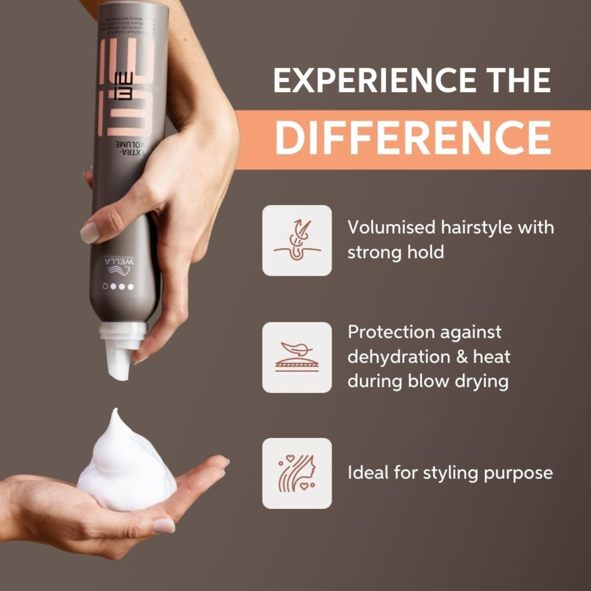 Hair product with foam and text highlighting features on a brown background