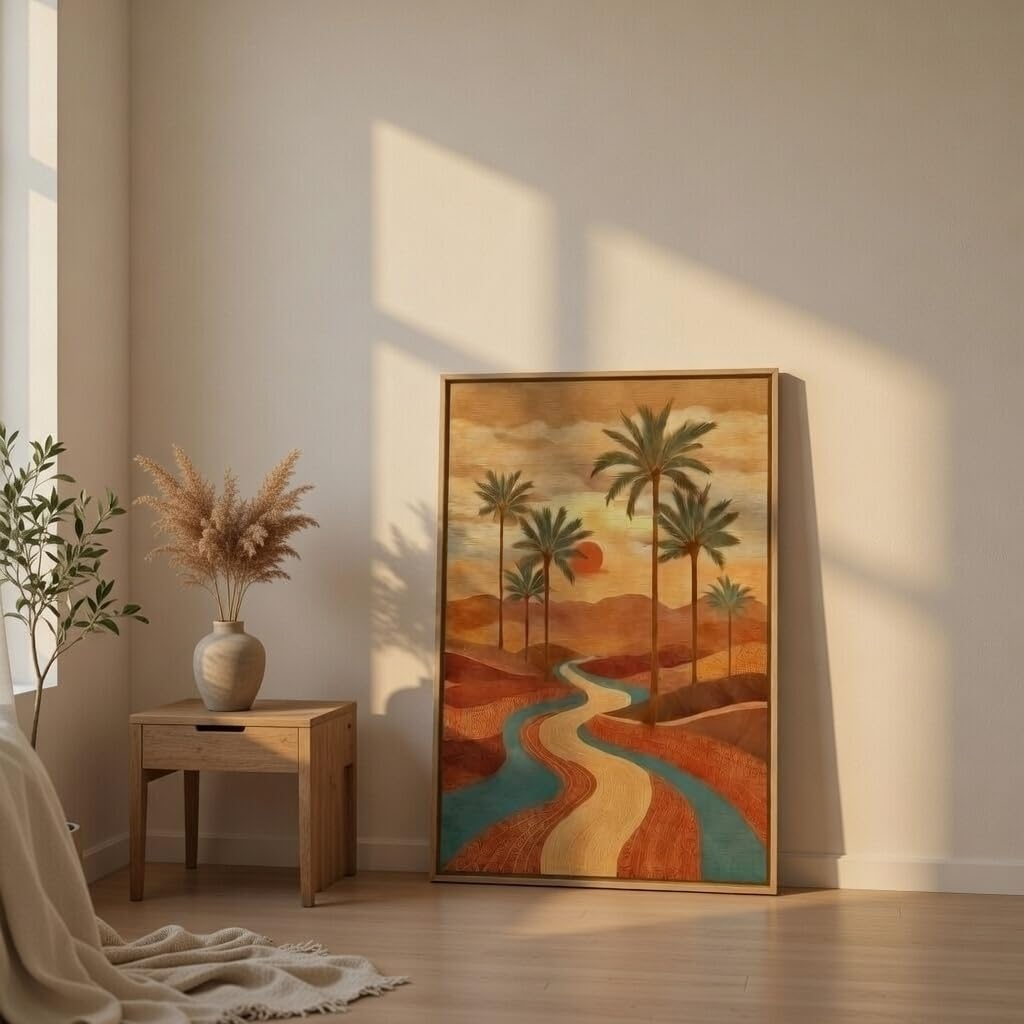Desert Sunset Palm Tree Wall Art with Wooden Frame | Aesthetic Landscape Painting with River & Sunset | HD UV Laminated Print on MDF for Living Room Bedroom Office Decor 13.5 x 19.5 Inch