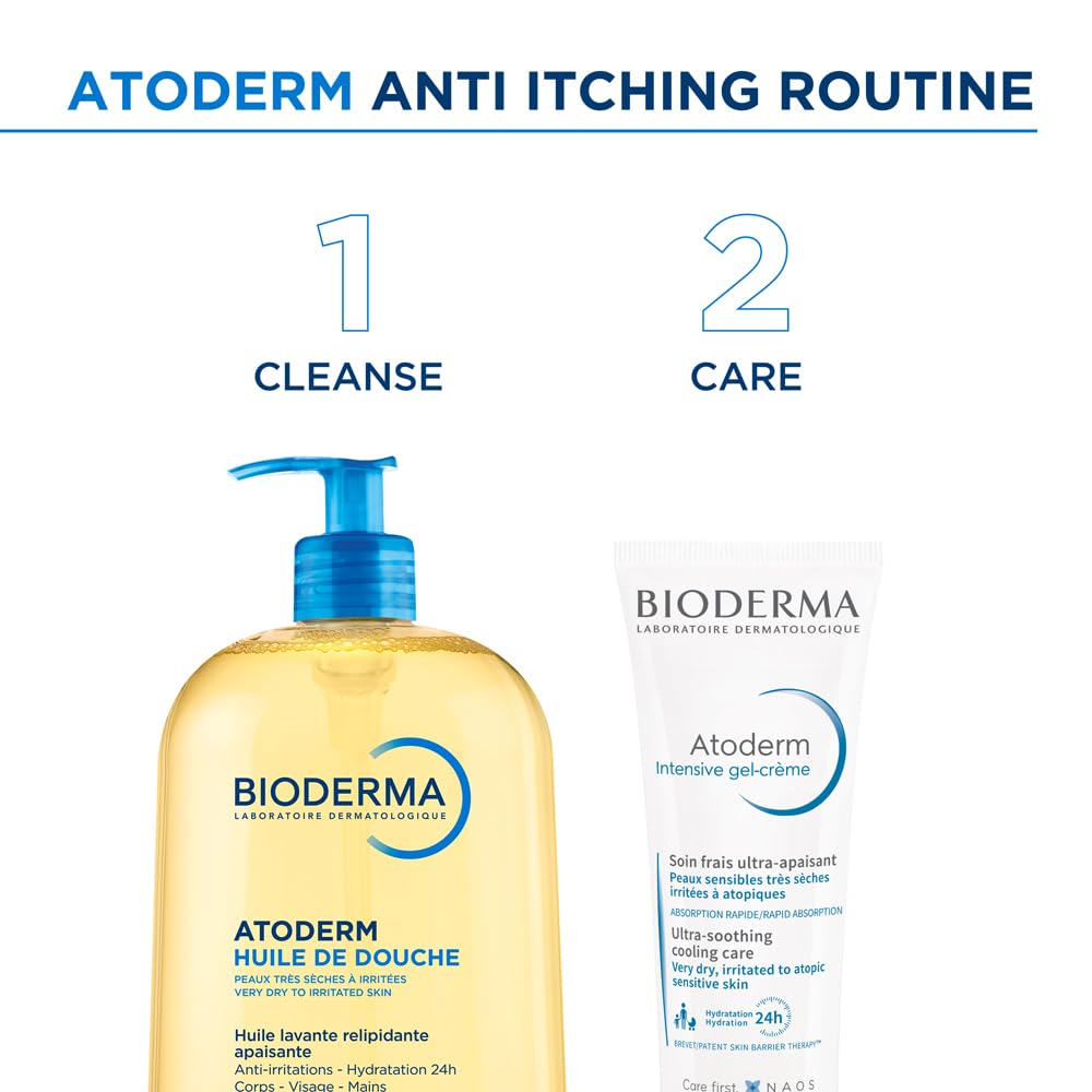 Bioderma Atoderm anti-itching routine with shower gel and cream on a white background