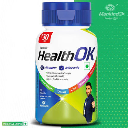 Mankind's Health OK Multivitamin With Natural Ginseng,Taurine Power,Daily Energy,Alertness,Vitamin D,C & Other 18 Multivitamins Minerals,For Overall Health,30 Tablets (Veg)