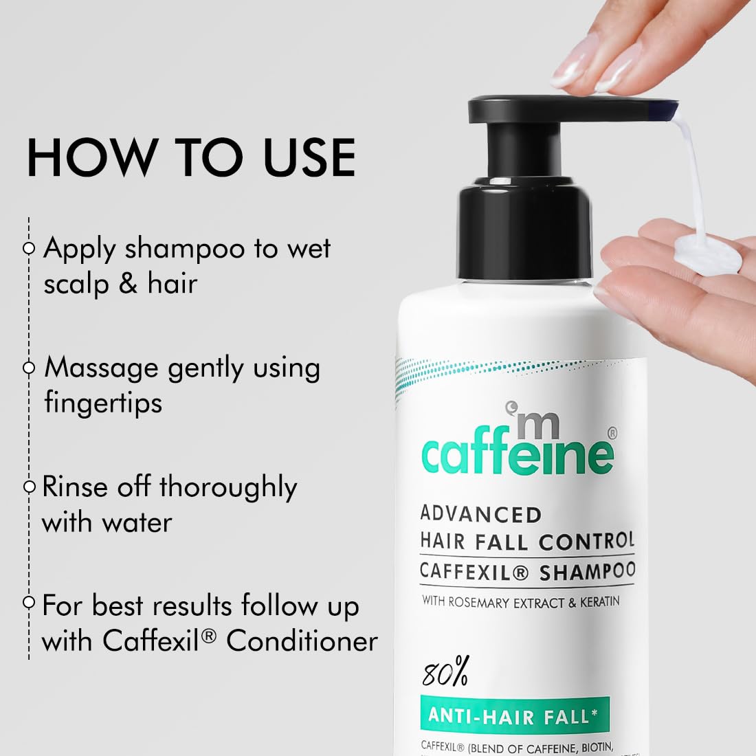 Caffeine shampoo bottle with usage instructions on a white background