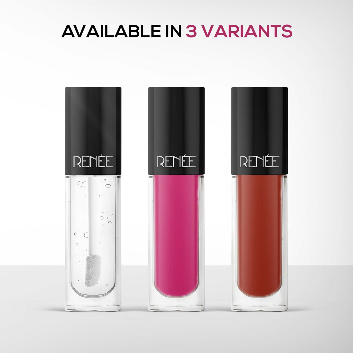 Three lip gloss bottles with black caps labeled 'RENEØ®' on a white background.
