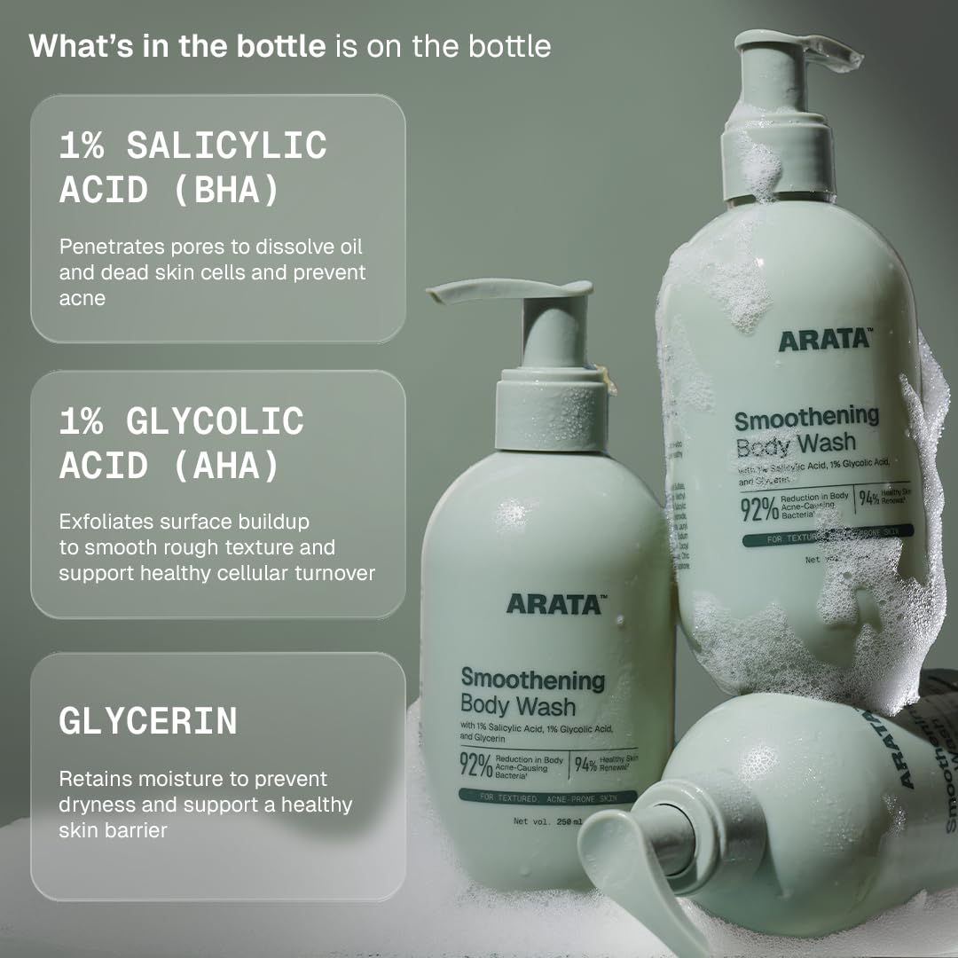 Arata 1% Salicylic Body Wash for Bacne & Dry Skin | 92% Reduction in Body Acne Causing Bacteria | Exfoliating Shower Gel for Rough & Uneven Skin | Scientifically Proven & Derma Tested | 250 ml