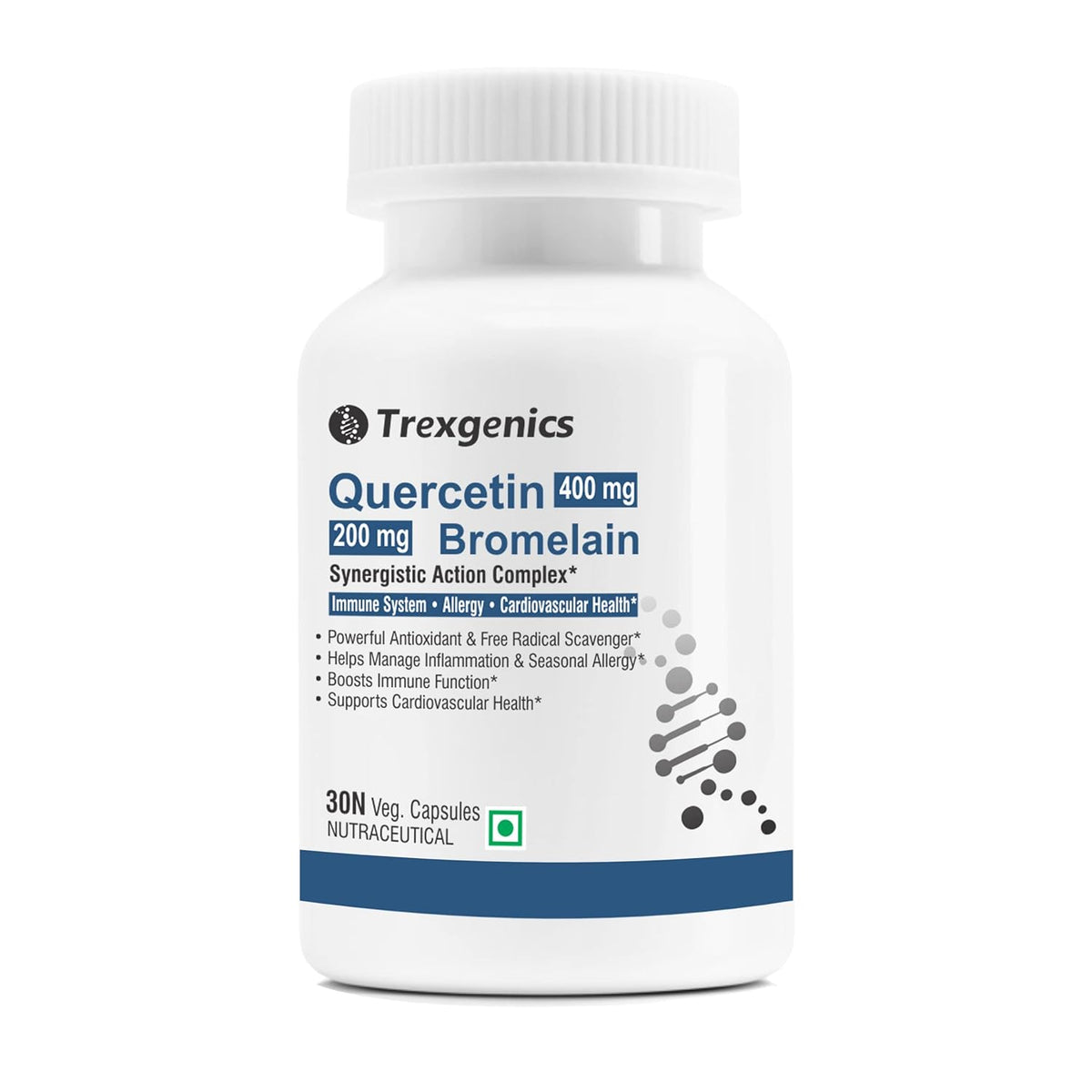 Trexegenics Quercetin 400 mg Bromelain supplement bottle on a white background