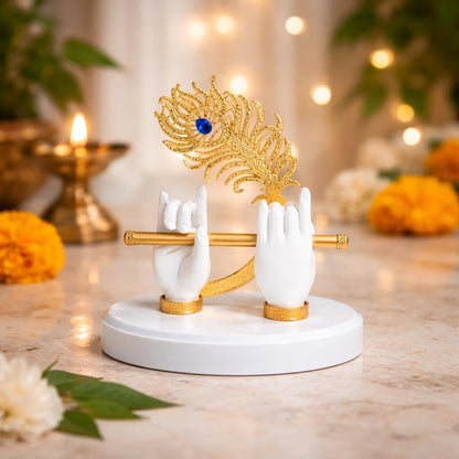 Goldplated Krishna Hand with Flute Idol Peacock Feather Mor Pankh Showpiece,Housewarming Gift, Birthday Wedding Anniversary Janmashtami Gift,Home Decor Decoration Items for Living Room