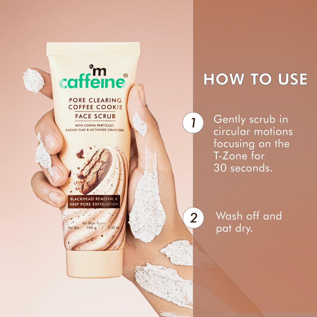 Caffeine Pore Clearing Coffee Cookie Face Scrub with usage instructions on a beige background