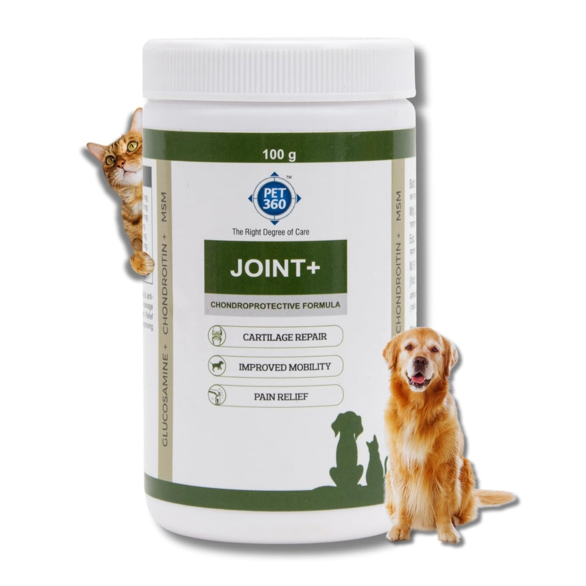 PET360 Joint+ Chondroprotective Formula - 100 gm | Hip, Joints, Cartilage Supplement for Dogs & Cats for Improved Mobility & Pain Relief with Glucosamine, Chondroitin, MSM | Suitable for All Breeds