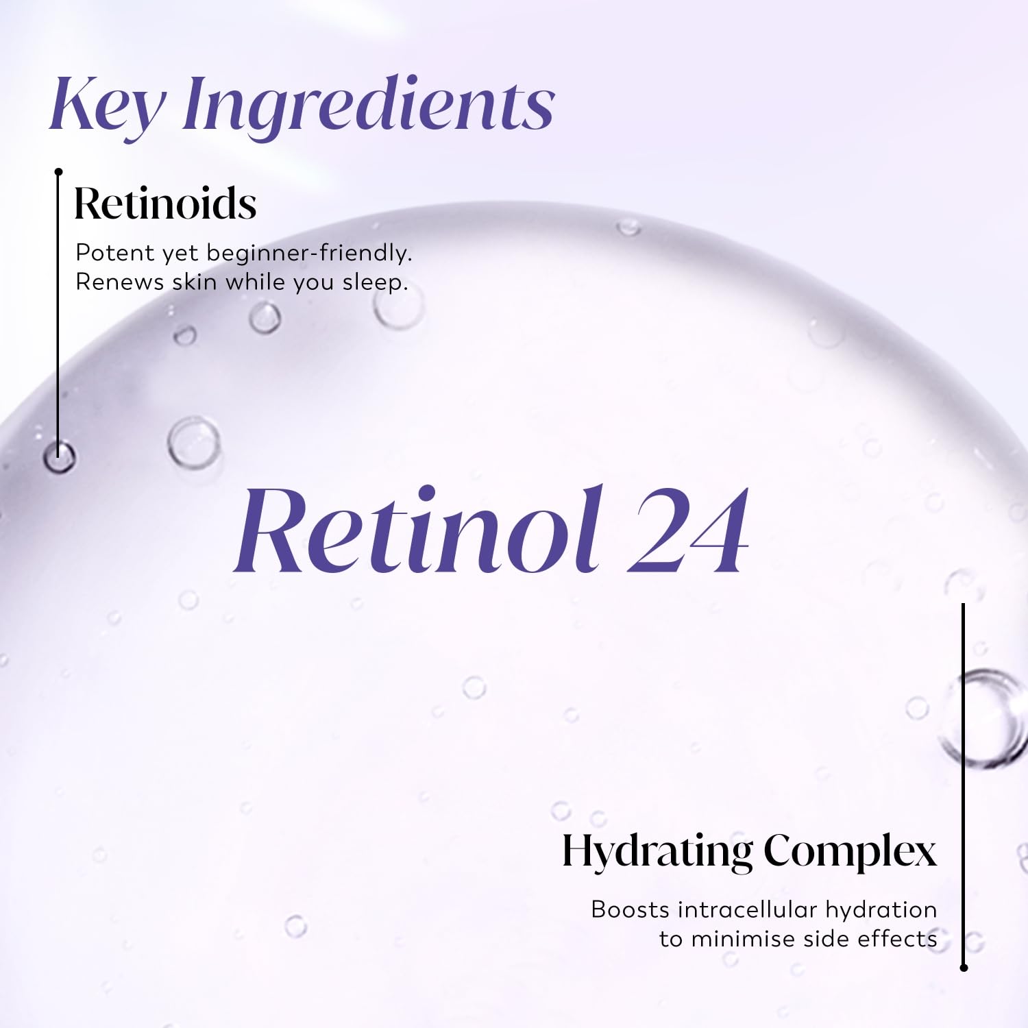 Product packaging with 'Retinol 24' and 'Hydrating Complex' text on a light background