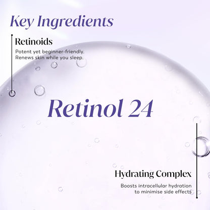 Product packaging with 'Retinol 24' and 'Hydrating Complex' text on a light background