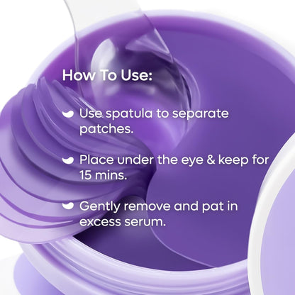 Purple eye patch with usage instructions on a white background