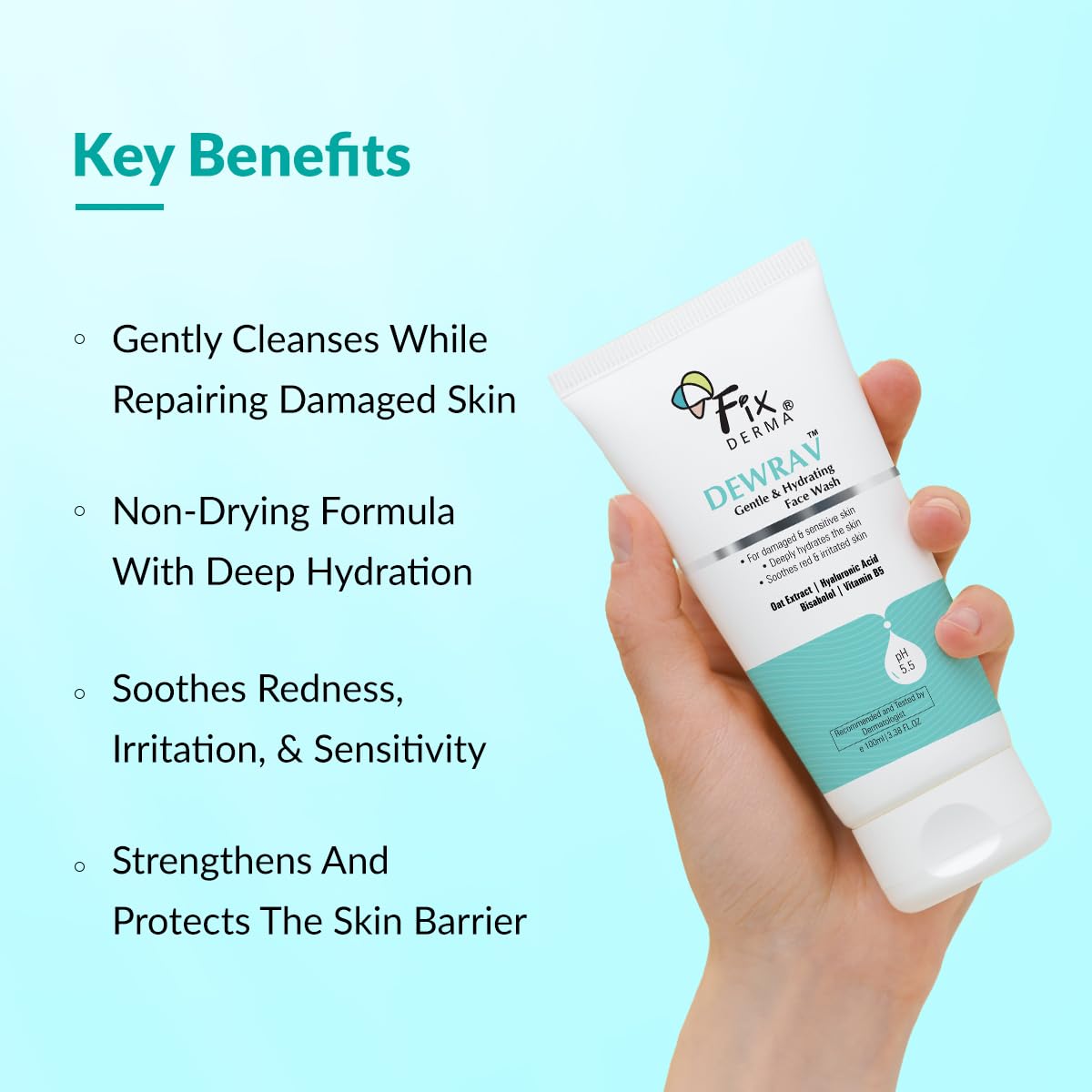 Fixderma Dewrav Gentle & Hydrating Face Wash with 6% Oats Extract, Hyaluronic Acid & Vitamin B5, Soothes Irritated Skin, Provides Hydration, Face Cleanser For Sensitive, Dry to Normal Skin,100Ml
