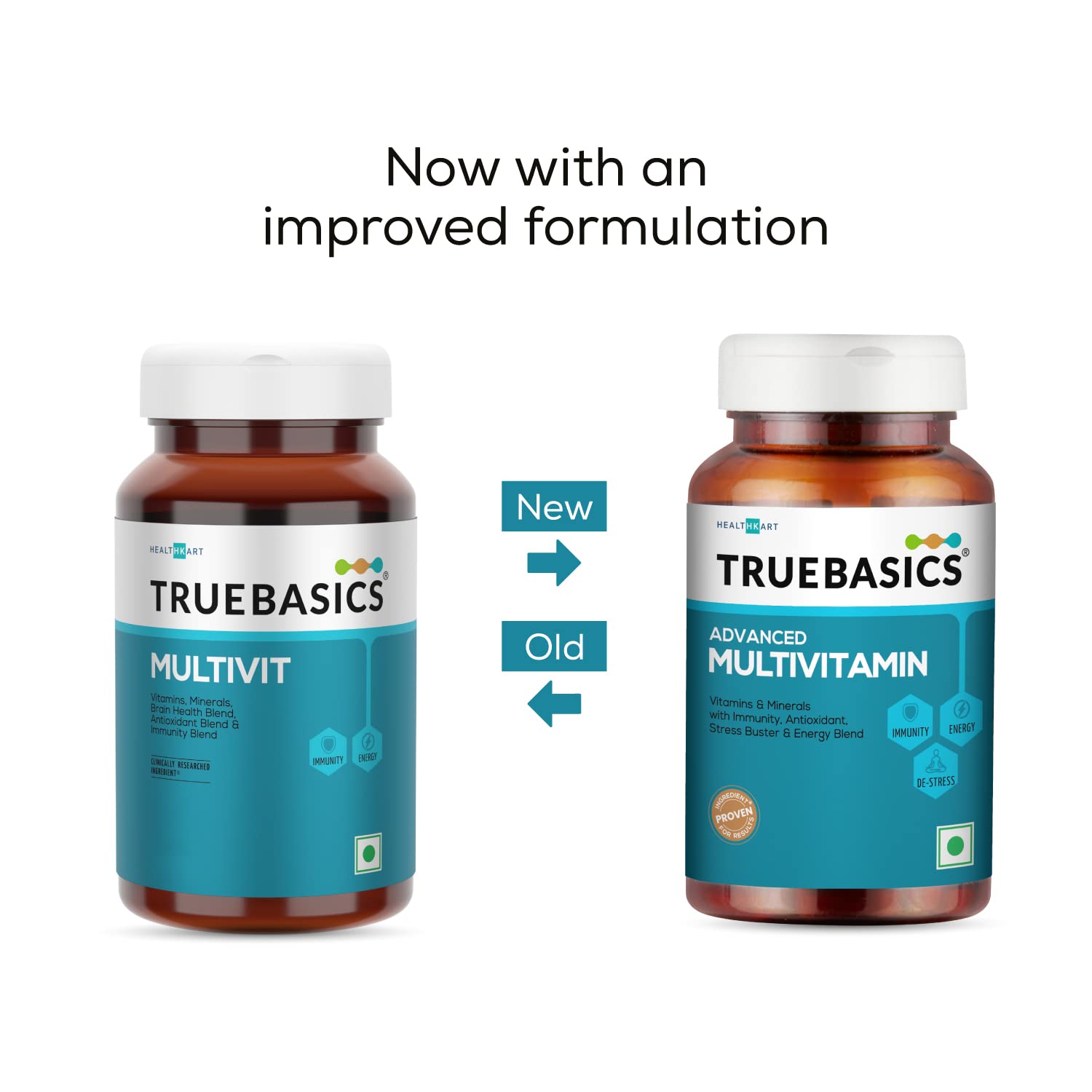 TrueBasics Multivit and Advanced Multivitamin bottles with an improved formulation label.