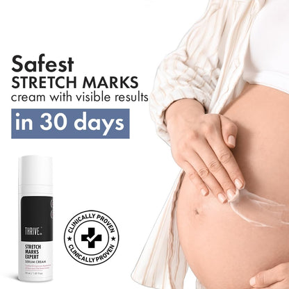 Pregnant woman holding her belly with a bottle of 'Thrive' stretch marks cream on a white background.