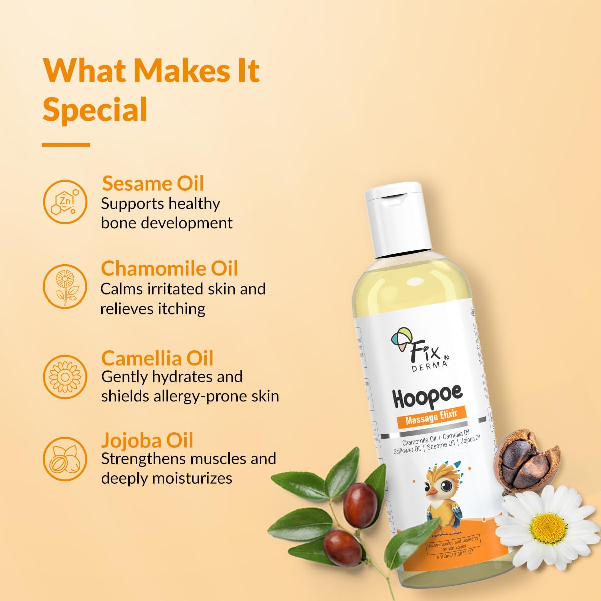 Fixderma Hoopoe Baby Massage Elixir|Baby Oil with Chamomile, Camellia, Safflower, Seasome & Jojoba Oil |Baby Massager Oil | Dermatologist Tested (100 Ml)