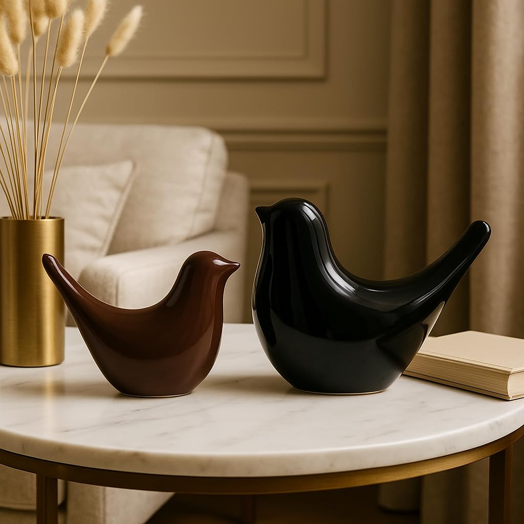 Creative Black and Brown Glossy Ceramic Birds Figurines Home Decorations Accessories Party (Pack of 2, Black and Brown)
