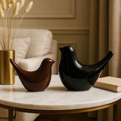Creative Black and Brown Glossy Ceramic Birds Figurines Home Decorations Accessories Party (Pack of 2, Black and Brown)