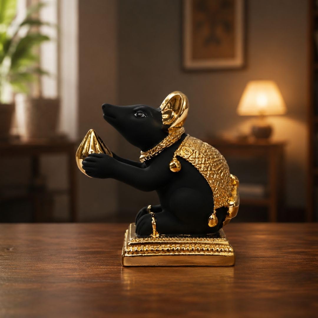 Gold Art India Gold-Plated Mushak (Mooshak) Mouse Pair with Modak | Black Terracotta Finish | Mouse Idol | Vehicle (Vahana) of Lord Ganesha | 2.5 Inch Height | Mandir (Set of 2 pcs)