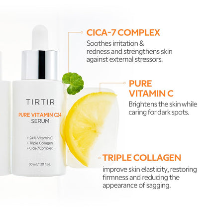 TIRTIR Vitamin C 24% Serum for Face, Dark Spot Corrector for Sensitive Skin, Anti Aging Collagen Serum, Even Tone & Wrinkle Care, Korean Skincare - 30ml