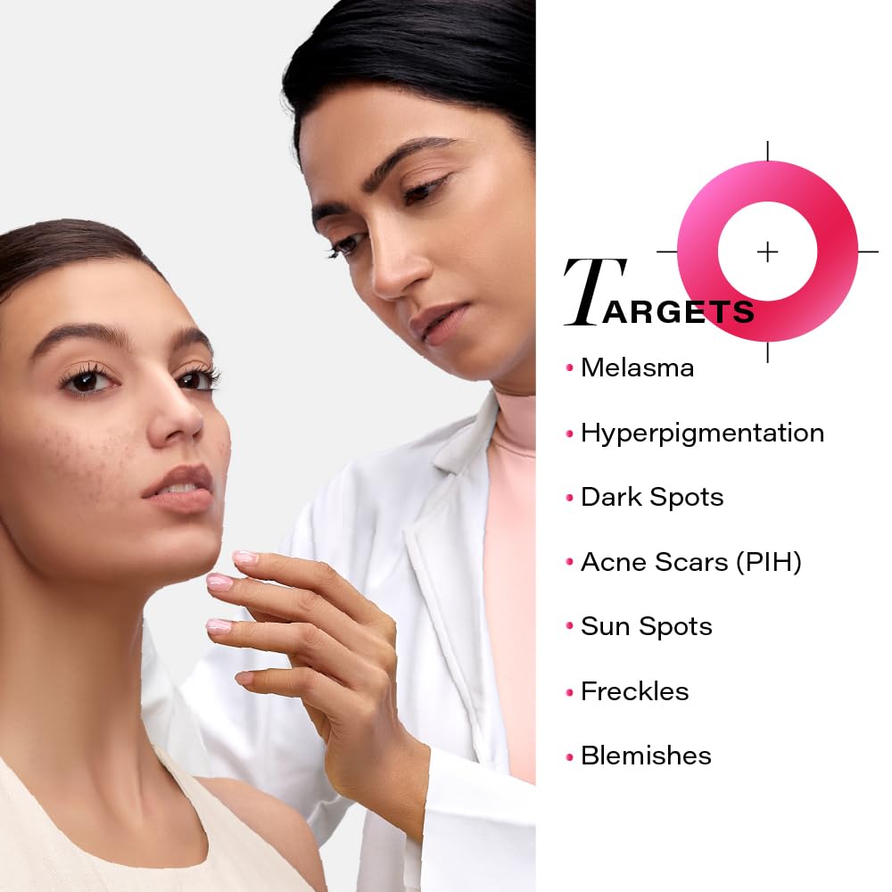 Woman examining another woman's face with a list of skin conditions targeted by a product or treatment.