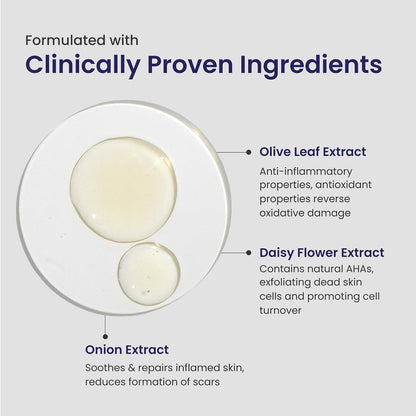 Product with olive leaf extract, daisy flower extract, and onion extract labeled on a white background.
