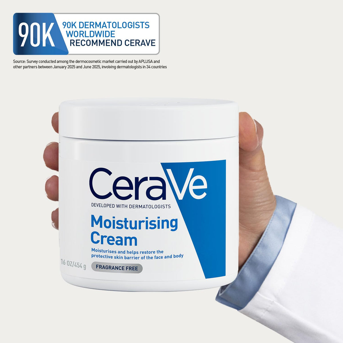 CeraVe moisturizing cream jar held by a hand with a white background