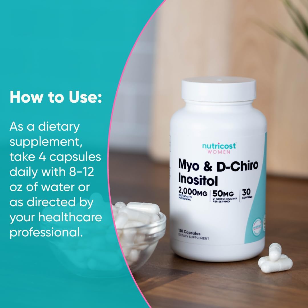 Nutricost Myo & D-Chiro Inositol supplement bottle with usage instructions on a wooden surface.