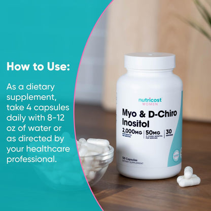 Nutricost Myo & D-Chiro Inositol supplement bottle with usage instructions on a wooden surface.