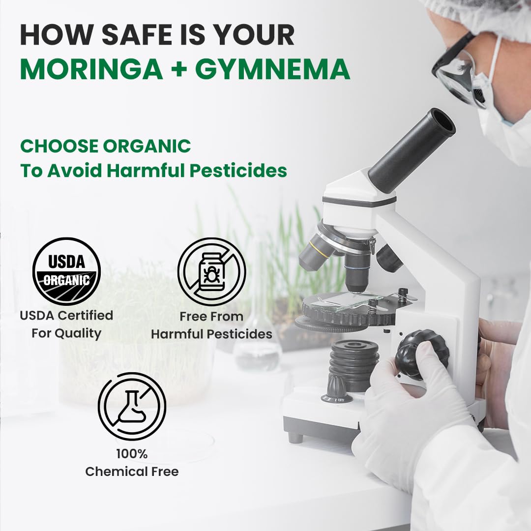 Person using a microscope with text about organic moringa and gymnema, highlighting USDA certification and pesticide-free status.