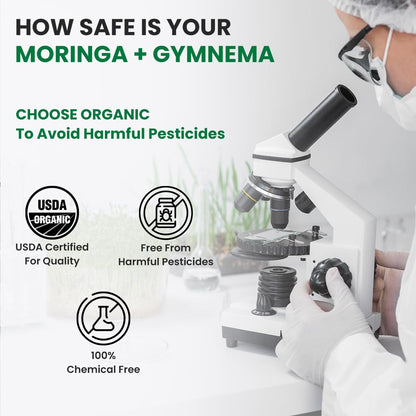 Person using a microscope with text about organic moringa and gymnema, highlighting USDA certification and pesticide-free status.