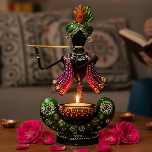 Lamcy Plaza Premium Metal Krishna Tealight Candle Holder - 11 Inches for Home Decoration | Spiritual Vibes and Festive Ambience | Great for Meditation Spaces | Gift Items