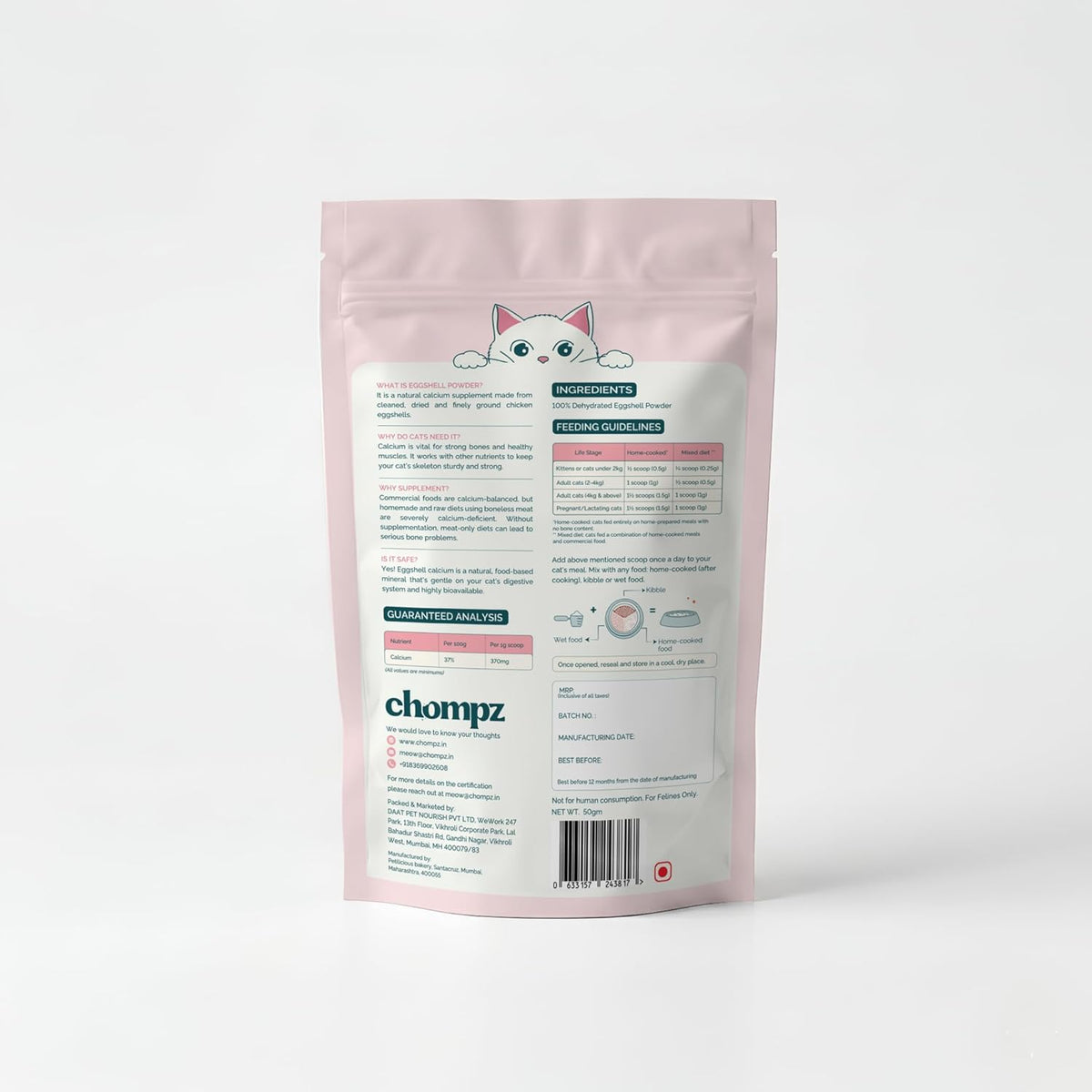 Chompz Eggshell Powder for Cats | Natural Calcium Supplement | 50gm Powder | Single Ingredient | Bone & Muscle Health | Mixes into Any Meal | Scooper Included | 50+ Servings | For Adult Cats & Kittens