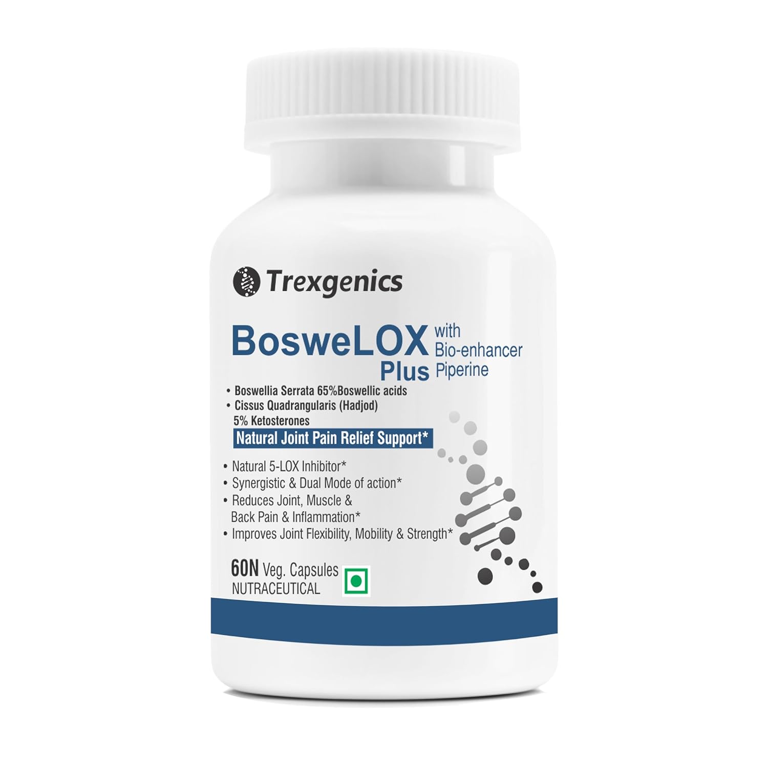 Treksgenics Boswelox Plus supplement bottle on a white background