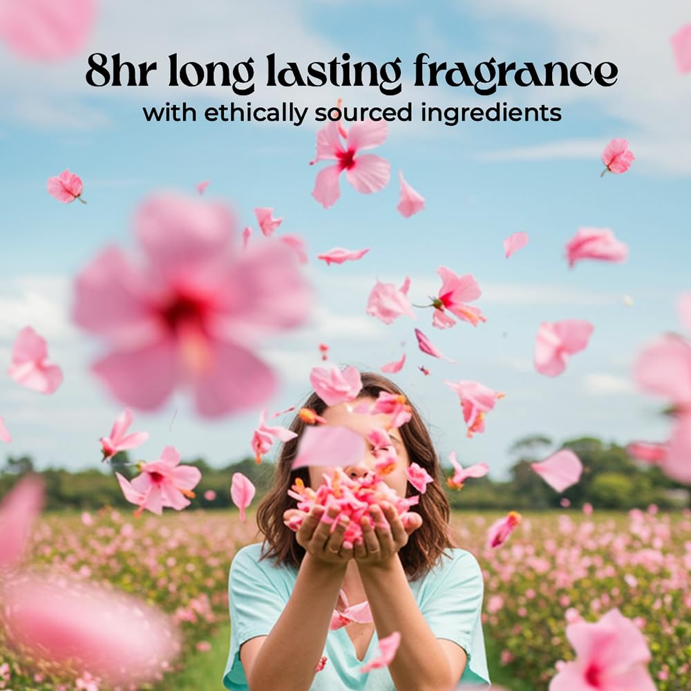 Person holding pink flowers with text about fragrance longevity and ethical ingredients in a field of flowers.