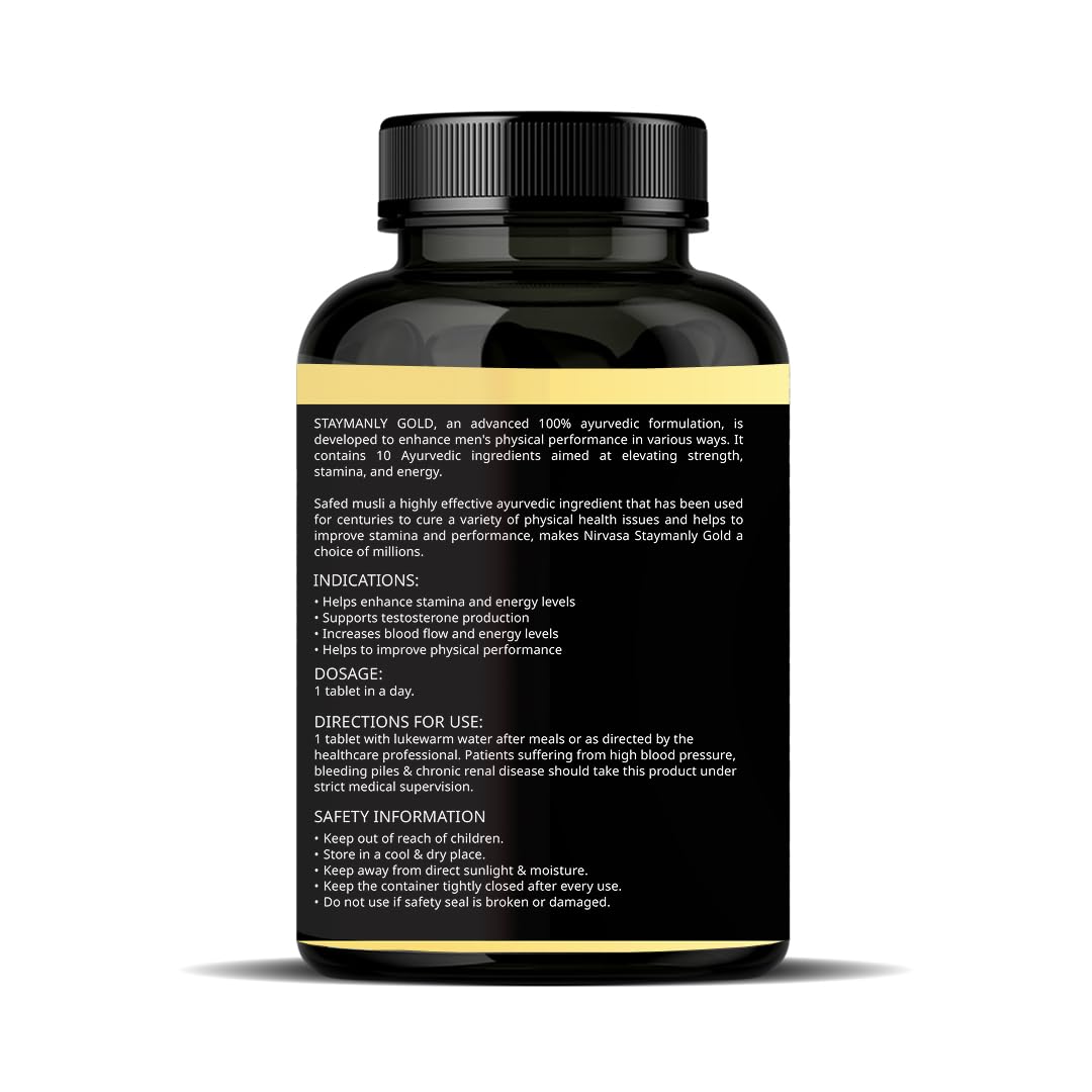 Nirvasa StayManly Gold Tablets (30 Tabs) | Ayurvedic Strength, Stamina & Performance Booster | Boosts Energy, Endurance & Vitality | Tribulus Terrestris, Ashwagandha, Safed Musli & Shilajit