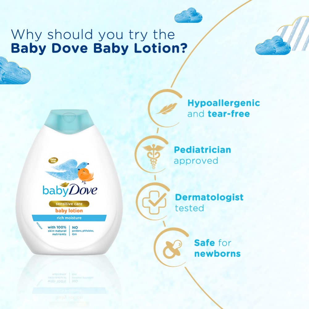 Baby Dove baby lotion bottle with benefits listed on a light blue background