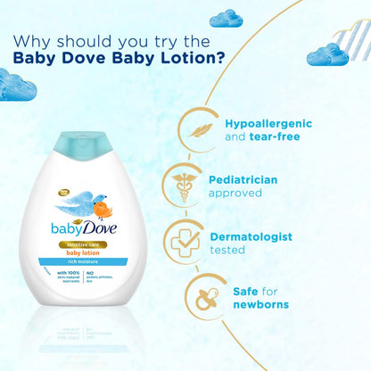 Baby Dove baby lotion bottle with benefits listed on a light blue background