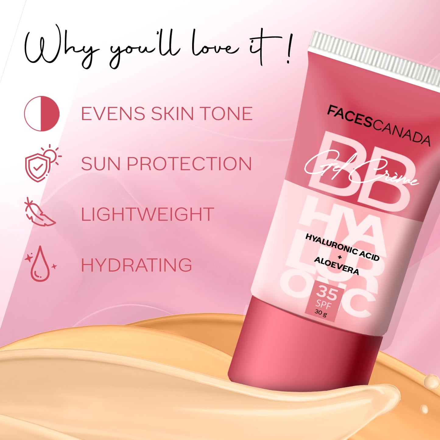 FACESCANADA SPF 35 BB Gel Crème - Warm Caramel, 30g | Multitasking | Even Skin Tone | Instant Glow | Smooth Flawless Matte Finish | Hydrating | Lightweight & Nonsticky