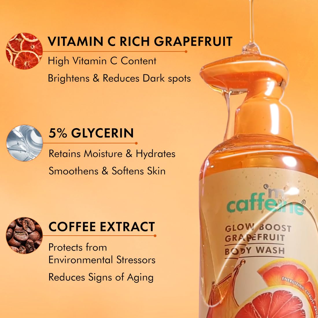 Caffeine Glow Boost Grapefruit Body Wash bottle with ingredients listed on an orange background