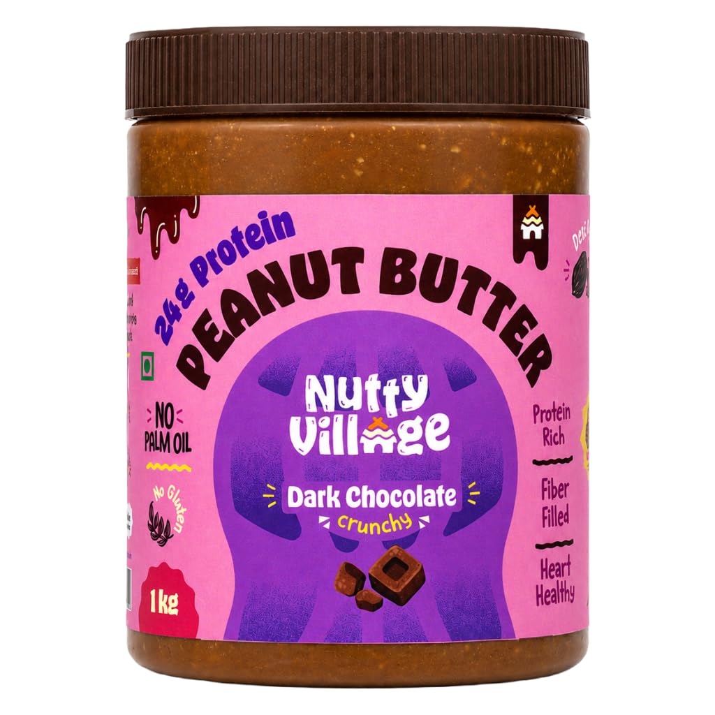 Nutty Village Dark Chocolate Peanut Butter Crunchy with 24g Protein - No Refined Sugar and No Palm oil - Vegan and Gluten free - Healthy Spread for Breakfast - 325G Peanut butter