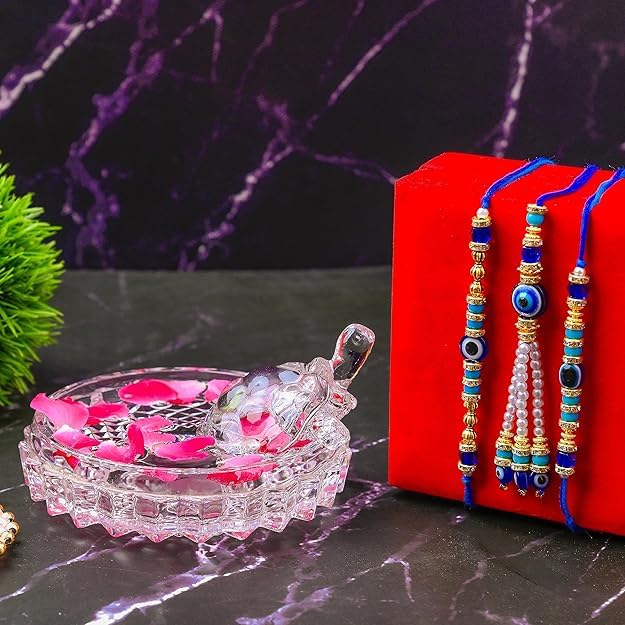 SAUDEEP INDIA Feng Shui Crystal Tortise with Plate for Good Luck with Evil Eye Lumba/Couple Rakhi Set Brother Bhabhi | Turtle for Vastu Home Decor(1 Lumba, 2 Brother)