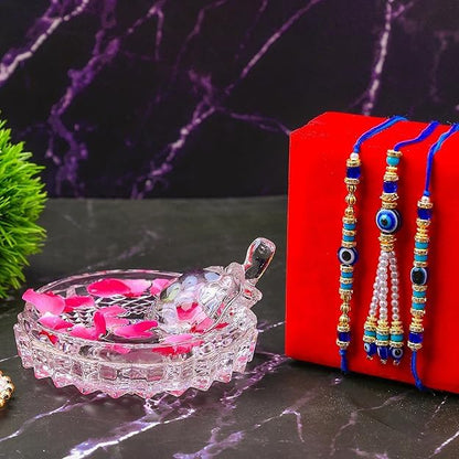 SAUDEEP INDIA Feng Shui Crystal Tortise with Plate for Good Luck with Evil Eye Lumba/Couple Rakhi Set Brother Bhabhi | Turtle for Vastu Home Decor(1 Lumba, 2 Brother)