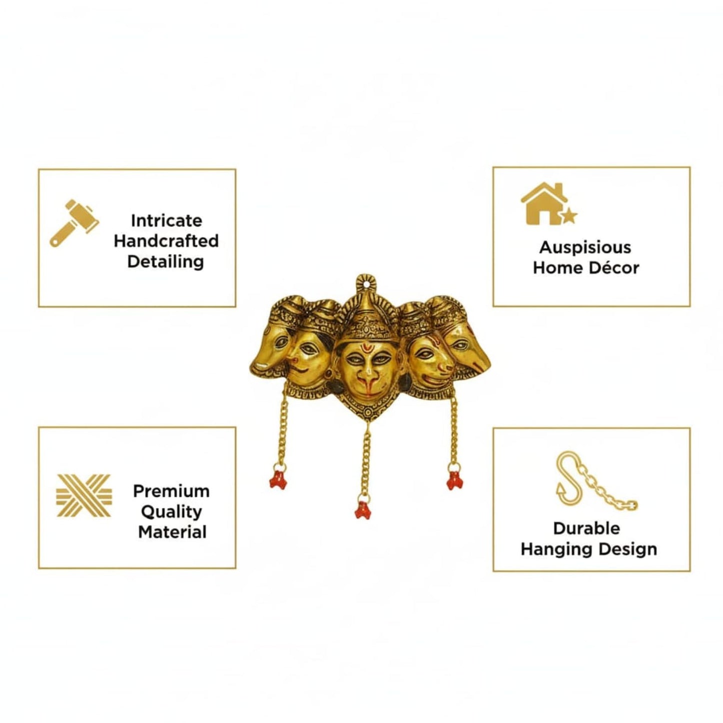 Kalakriti Panchmukhi Hanuman Ji Murti for Door Entrance, Gold Finish Wall Hanging Statue Showpiece for Main Gate, Decorative Hindu God Idol for Home Temple & Vastu Protection (Panchmukhi Hanuman)