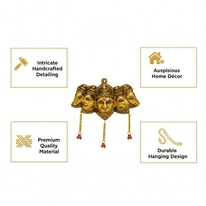 Kalakriti Panchmukhi Hanuman Ji Murti for Door Entrance, Gold Finish Wall Hanging Statue Showpiece for Main Gate, Decorative Hindu God Idol for Home Temple & Vastu Protection (Panchmukhi Hanuman)