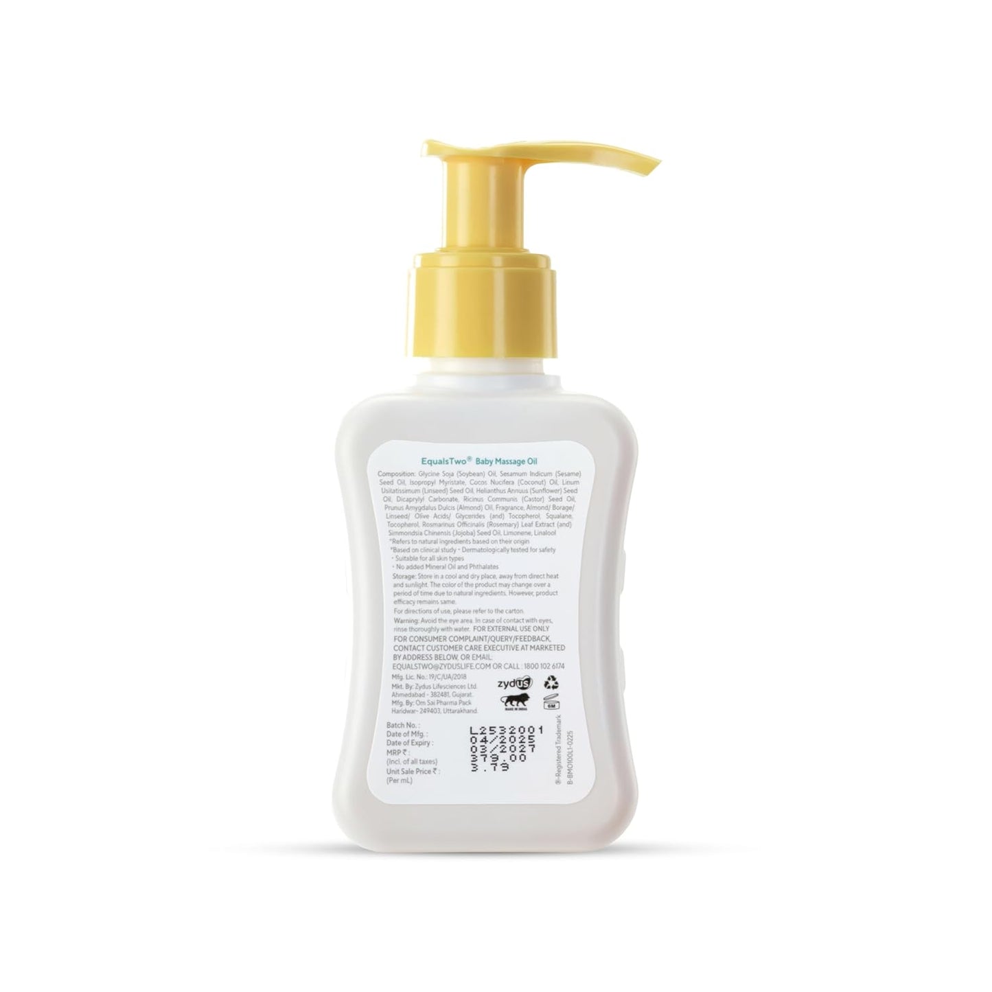 EQUALSTWO by Zydus Nourishing Baby Massage Oil 100ml, 100% Natural Non-Greasy Moisturizing Baby Oil for New Born, Strengthen Muscles & Bones, All Skin Types, Hypoallergenic, Dermatologically Tested, (Pack 1)