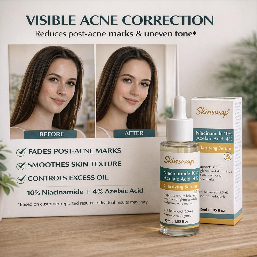 Skinswap acne correction product with 'Before' and 'After' effects on a woman's skin.