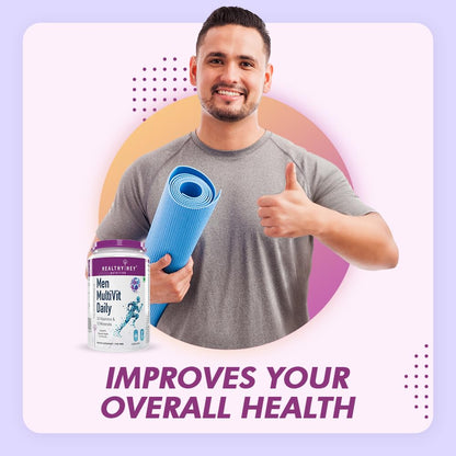 Man holding a supplement bottle and yoga mat with promotional text on a light purple background